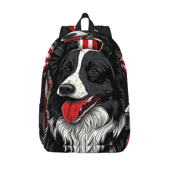 Picia Independence Day Collie Printed Canvas Daypack - Stylish and Durable Vintage Compact Backpack - Class, Work, Travel, or Laptop Bookbag,Organized Compartments-Small