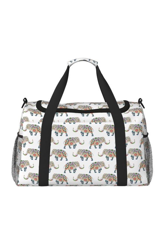 Indian Elephant Print Travel Duffle Bag,Weekender Bags for Women with Shoe Compartment, Gym Duffel Bag with Wet Pocket, Hospital Bags for Labor and Delivery