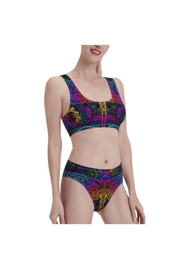 Indian Mandalas Dragonfly Women's High Waisted Bikini Scoop Neck Swimsuit Two Pieces Bathing Suit-X-Large