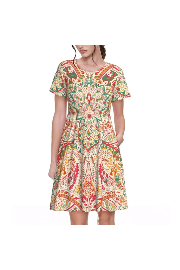 Indian Paisley 1 Pattern Women's Short Sleeve Summer Dress Pleated Loose Swing Knee Length Short Sleeve Swing Dresses