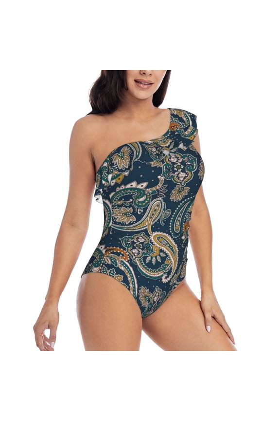 Indian Paisley 2 Pattern Women's One Piece Swimsuits,One Shoulder Swimwear Asymmetric ,Ruffle Monokinis Bathing Suits,High Waisted Flattering Bathing Suits-Large