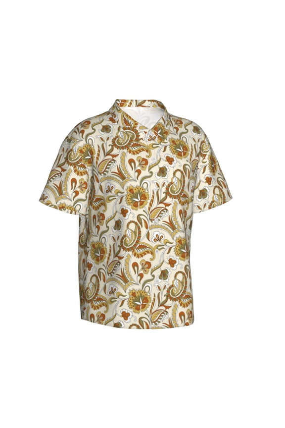 Indian Paisley Gentle Cotton Regular Fit Short Sleeve Casual Hawaiian Shirt for Men-Medium