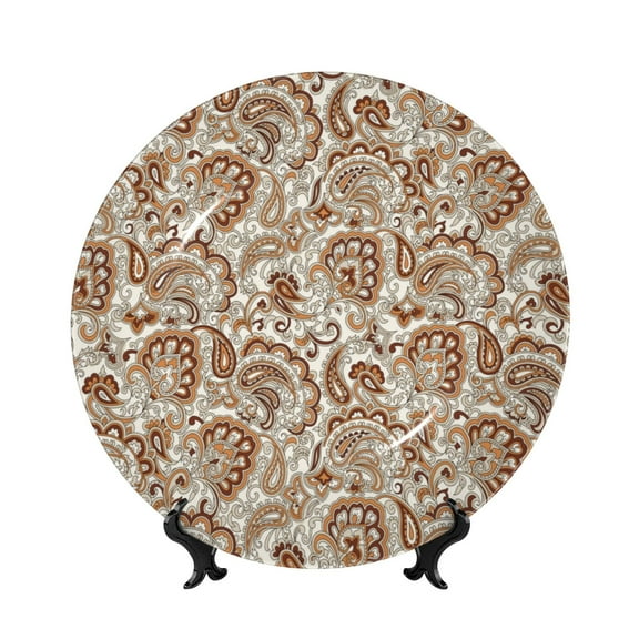 Picia Indian Paisley1 Pattern Bone China Decorative Plate – Wall Decor with Stand and Adhesive, Elegant Ornament for Living Room, Office, or Entryway-6in