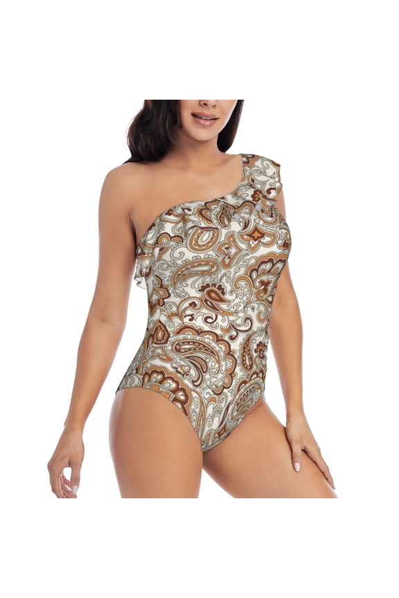Indian Paisley1 Pattern Women's One Piece Swimsuits,One Shoulder Swimwear Asymmetric ,Ruffle Monokinis Bathing Suits,High Waisted Flattering Bathing Suits-Medium