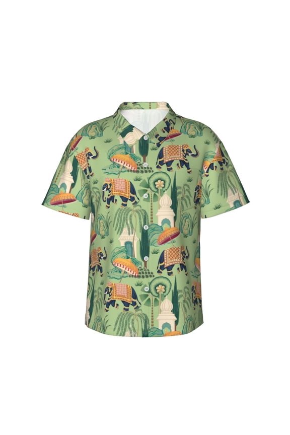 Indian elephant Pattern Men's Hawaiian Shirt – Soft Cotton Regular Fit Short Sleeve Shirt, Casual Beach Shirt for Summer, Vacation, and Outdoor Wear,X-Large