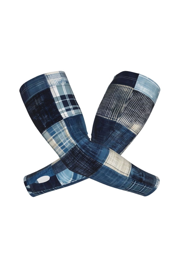 Indigo Patchwork Quilt Arm Sleeves for Men and Women - Tattoo Cover Up UPF 50+ Cooling Sports Sleeve for Basketball Golf Football-One Size