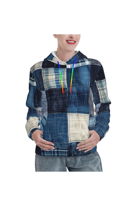 Indigo Patchwork Quilt Pattern Casual Women's Hoodie, Hooded Sweatshirt with Kangaroo Pocket, Comfortable Pullover with Eye-catching Drawstrings-XX-Large