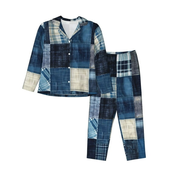 Picia Indigo Patchwork Quilt Pattern Women’s Long-Sleeve Sleepwear Set - Soft 2-Piece Loungewear with Pockets, Comfy PJs for Relaxing Nights-X-Large