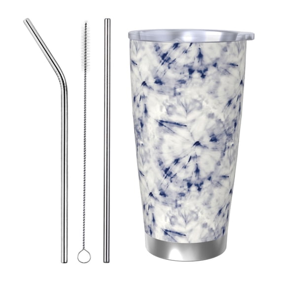 Picia Indigo Tie Dye Pattern 20 oz Tumbler Stainless Steel Vacuum Insulated Coffee Ice Cup Double Wall Travel Flask Dual Lid Water Bottle, Eco-friendly Car Cup-Straw Three-piece Set