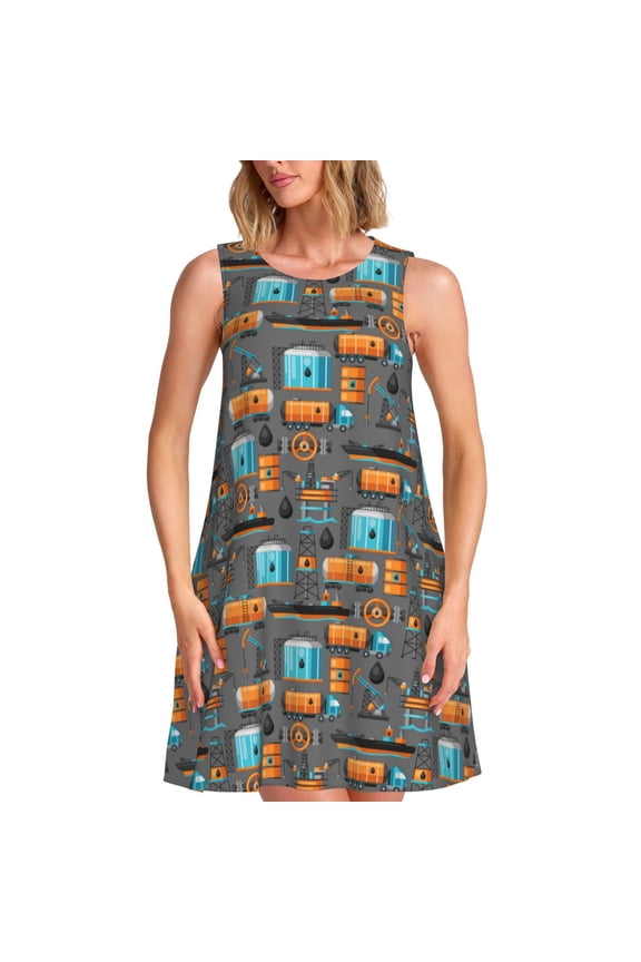 Industrial Transportation Print Women’s Sleeveless Midi Swing Dress – A-Line Pleated Tank Sundress, Comfortable and Flowy T-Shirt Dress