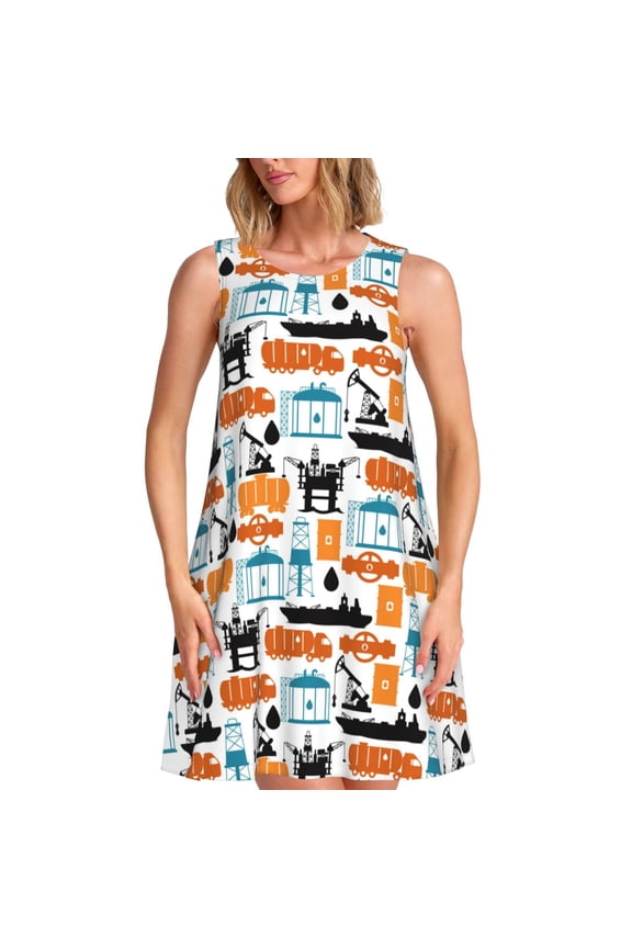Industrial Transportations Print Women’s Sleeveless Midi Swing Dress – A-Line Pleated Tank Sundress, Comfortable and Flowy T-Shirt Dress