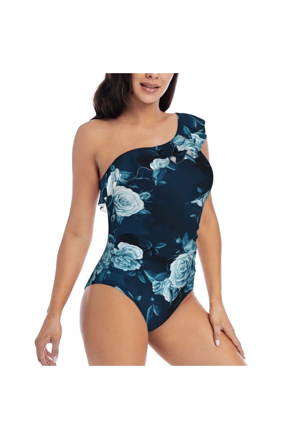 Ink Rose Pattern Women's One Piece Swimsuits,One Shoulder Swimwear Asymmetric ,Ruffle Monokinis Bathing Suits,High Waisted Flattering Bathing Suits-Large