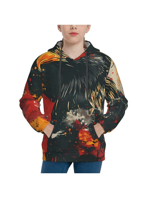 Ink Style Bald Eagle Pattern Youth Hoodie - Warm Pullover Sweatshirt with Kangaroo Pocket, Ideal for Boys and Girls-X-Large