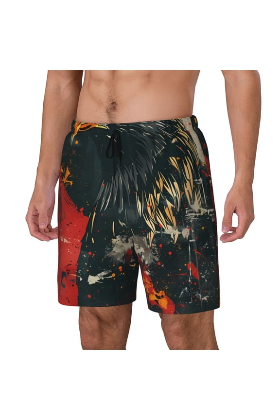 Ink Style Bald Eagle pattern Mens Swim Trunks with Compression Liner Stretch Beach Shorts Quick Dry with Zipper Pockets No-Chafing Board Shorts-Small