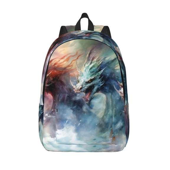 Picia Ink Style Wave Dragon Printed Canvas Daypack - Stylish and Durable Vintage Compact Backpack - Class, Work, Travel, or Laptop Bookbag,Organized Compartments-Small