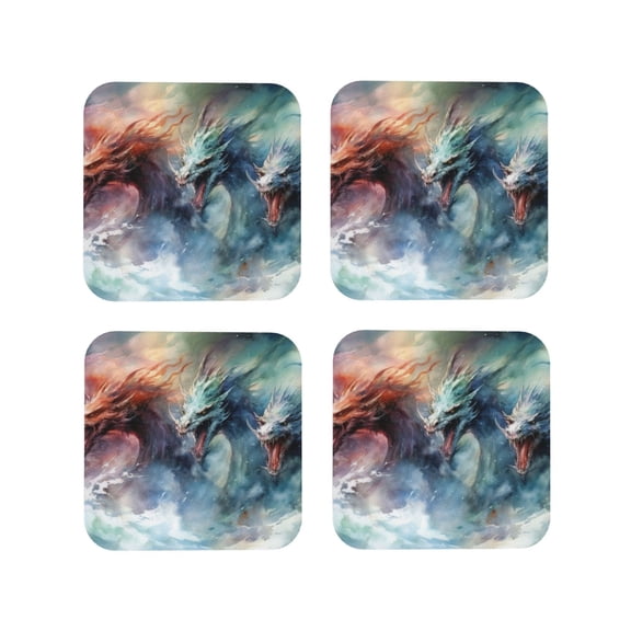 Picia Ink Style Wave Dragon Printed Leather Coasters for Drinks, 4" Drink Coasters Set of 4 for Tabletop Protection, Handmade Luxurious Home Décor and Housewarming Gift -Square