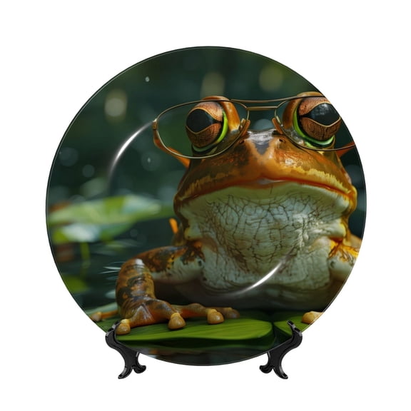 Picia Intellectual Frog Pond Pattern Bone China Decorative Plate – Wall Decor with Stand and Adhesive, Elegant Ornament for Living Room, Office, or Entryway-6in