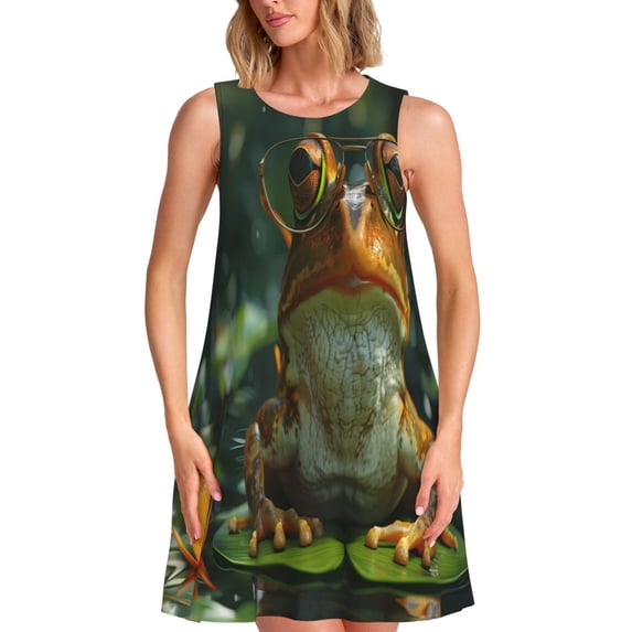 Picia Intellectual Frog Pond Print Women’s Sleeveless Midi Swing Dress – A-Line Pleated Tank Sundress, Comfortable and Flowy T-Shirt Dress