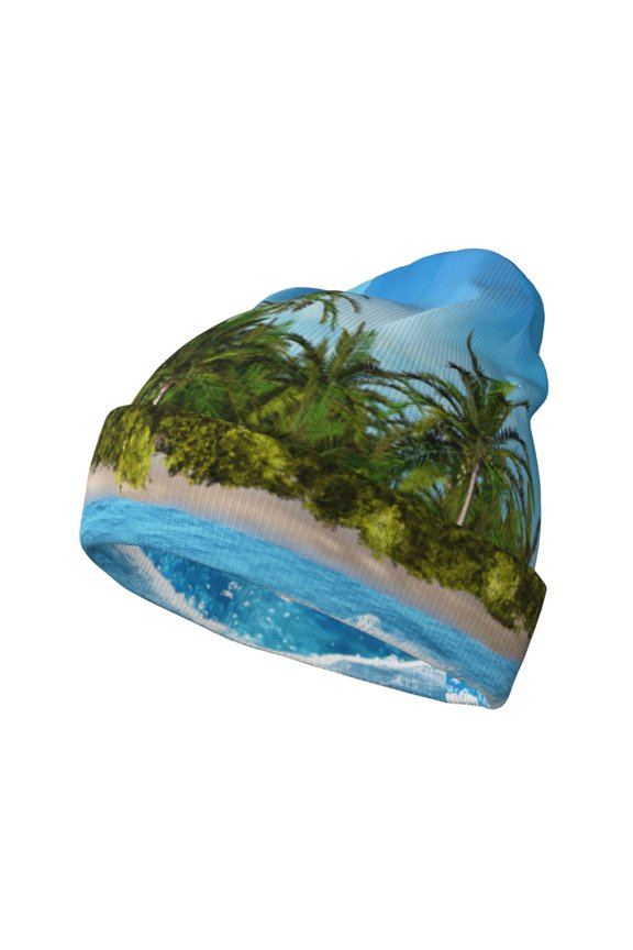 Island And Coral Reef Pattern Knitted Beanie Hat for Men and Women , Unisex Winter Warm Stretchy Knit Cap Thick Fisherman Beanies Cuffed Plain Skull Caps