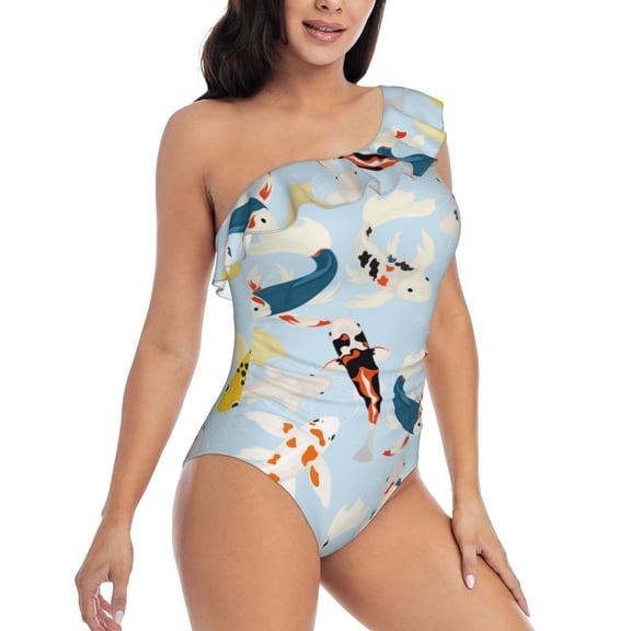 Picia Japanese Carps Pattern Women's One Piece Swimsuits,One Shoulder Swimwear Asymmetric ,Ruffle Monokinis Bathing Suits,High Waisted Flattering Bathing Suits-Small