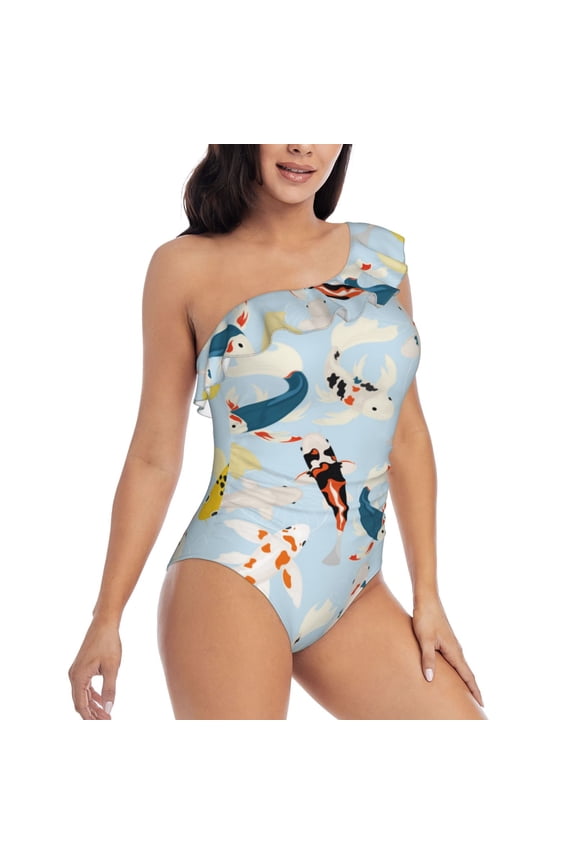 Japanese Carps Pattern Women's One Piece Swimsuits,One Shoulder Swimwear Asymmetric ,Ruffle Monokinis Bathing Suits,High Waisted Flattering Bathing Suits-Large