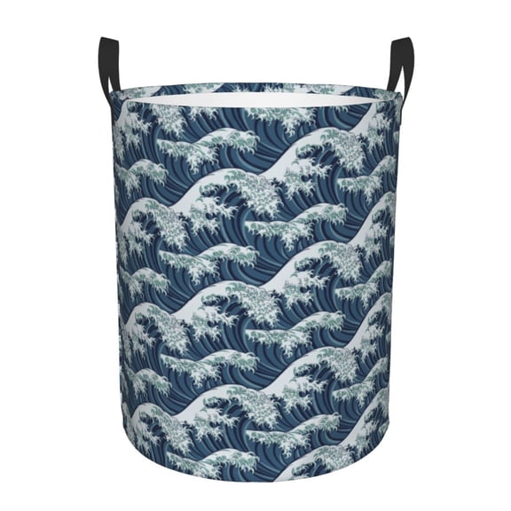 Picia A Japanese Great Wave Pattern Large Laundry Basket, Waterproof, Freestanding Laundry Hamper, Collapsible Tall Clothes Hamper with Extended Handles-Medium