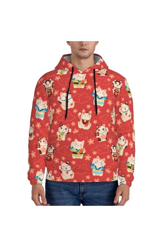Japanese Maneki Cats Pattern Casual Men's Hoodie - Lightweight Hooded Sweatshirt with Kangaroo Pocket, Comfortable Pullover for Everyday, Travel-3X-Large