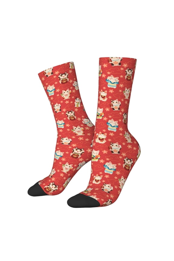 Japanese Maneki Cats Print Athletic Socks for Men & Women – Cushioned Moisture-Wicking Crew Socks for Sports, Running, and Training, Soft & Breathable Size 5-11