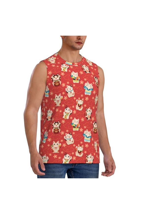 Japanese Maneki Cats mens Cotton Tank Undershirts , Moisture-wicking Ribbed Tanks, Lightweight Cotton Tank Undershirts-X-Large