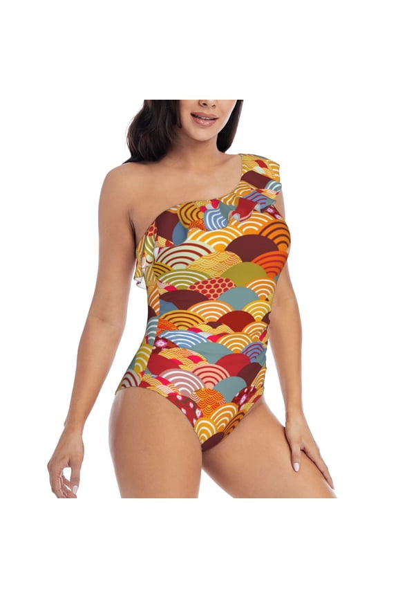Japanese Style Fish Scales Pattern Women's One Piece Swimsuits,One Shoulder Swimwear Asymmetric ,Ruffle Monokinis Bathing Suits,High Waisted Flattering Bathing Suits-X-Large