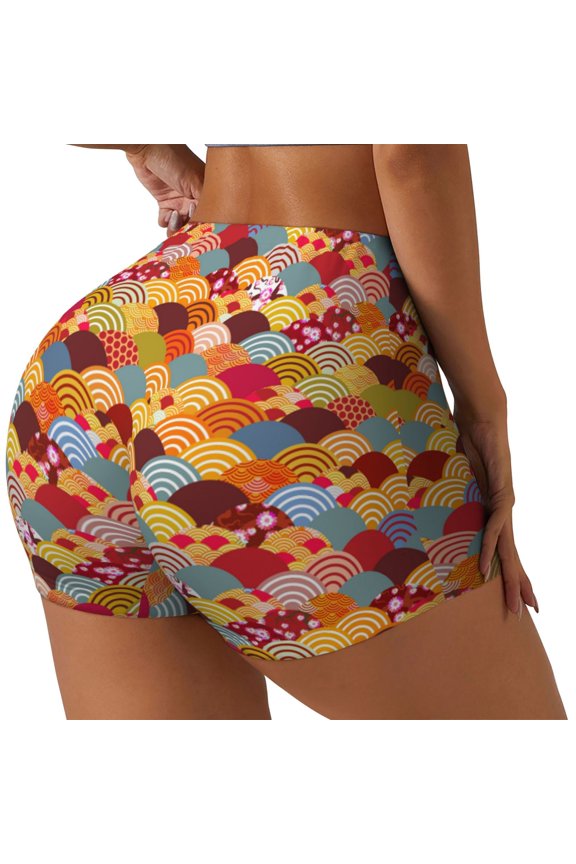 Japanese Style Fish Scales Printed Workout Shorts for Women Seamless Scrunch Butt Lifting High Waisted Yoga Gym Booty Running Moisture-wicking Short Pants-X-Large