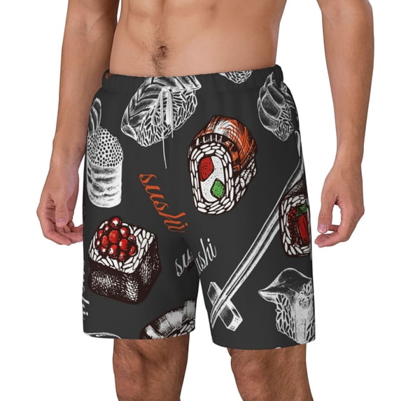 Picia Japanese Sushi Hashi pattern Mens Swim Trunks with Compression Liner Stretch Beach Shorts Quick Dry with Zipper Pockets No-Chafing Board Shorts-Small