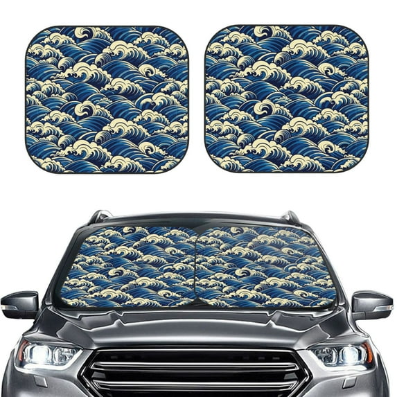 Picia Japanese Water Wave 2 Piece Car Windshield Sun Shade Foldable | Foldable Sun Shield for Front Window Blocks UV Rays and Keeps Your Vehicle Cool-Medium