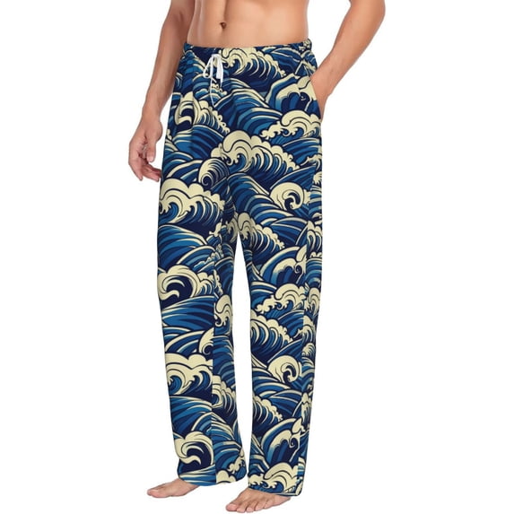 Picia Japanese Water Wave Mens Soft Woven Cotton Elastic Waistband Sleep Pajama Pant Lounge Sleep Pant With Pockets And Drawstring-Large