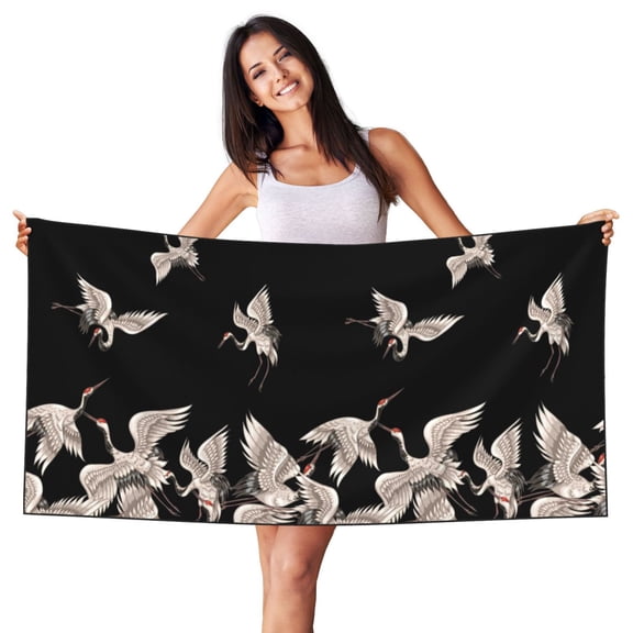 Picia Japanese White Crane Print Silver Fox Velvet Beach Towel,Quick-Dry Beach Towel,Lightweight Travel Towel,Portable Beach Towels