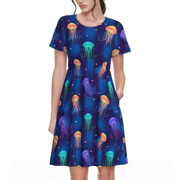 Picia Jellyfish colorful Pattern Women's Short Sleeve Summer Dress Pleated Loose Swing Knee Length Short Sleeve Swing Dresses