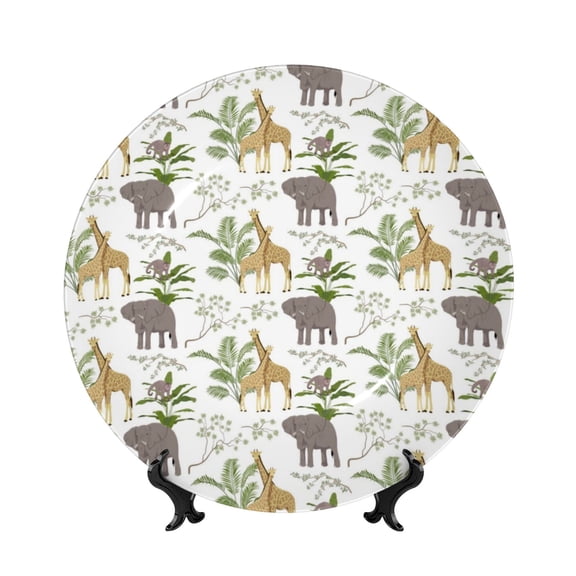 Picia Jungle Animal Pattern Bone China Decorative Plate – Wall Decor with Stand and Adhesive, Elegant Ornament for Living Room, Office, or Entryway-8in