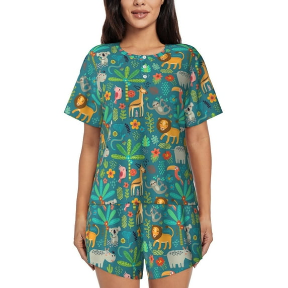 Picia Jungle Animals Pajamas Sets for Women Soft Short-Sleeved Pjs with Lounge Shorts Two Piece Sleepwear-X-Large