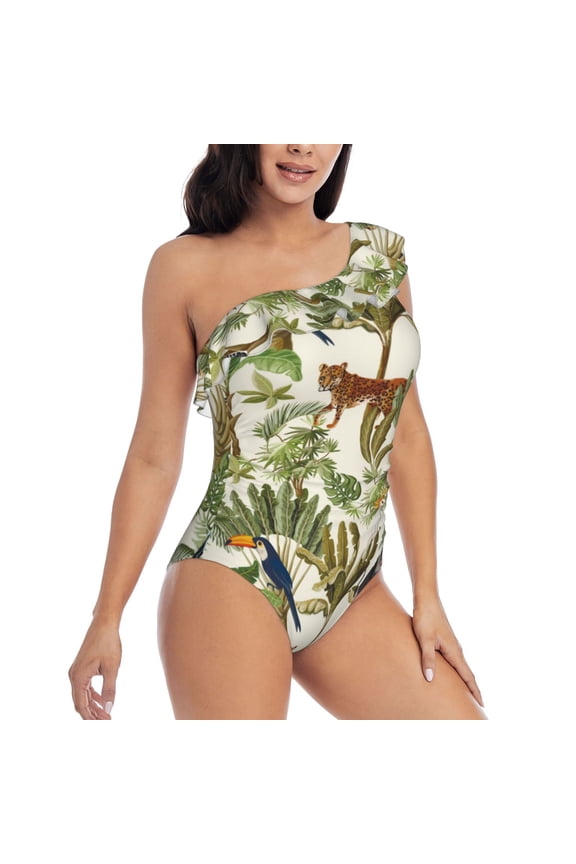 Jungle Animals Pattern Women's One Piece Swimsuits,One Shoulder Swimwear Asymmetric ,Ruffle Monokinis Bathing Suits,High Waisted Flattering Bathing Suits-Large