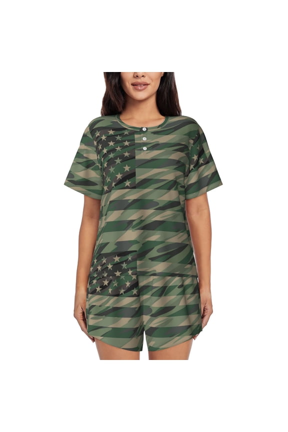 Jungle Green Camo USA Flag Pajamas Sets for Women Soft Short-Sleeved Pjs with Lounge Shorts Two Piece Sleepwear-Small