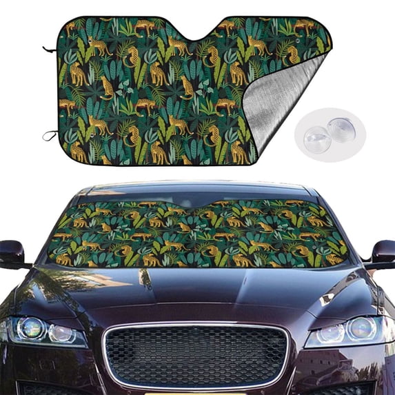 Picia Jungle Leopard Yellow Curved Windshield Sunshade Accordion Folding Style Auto Shade for Car Truck SUV Van Blocks UV Ray Sun Visor Protector -