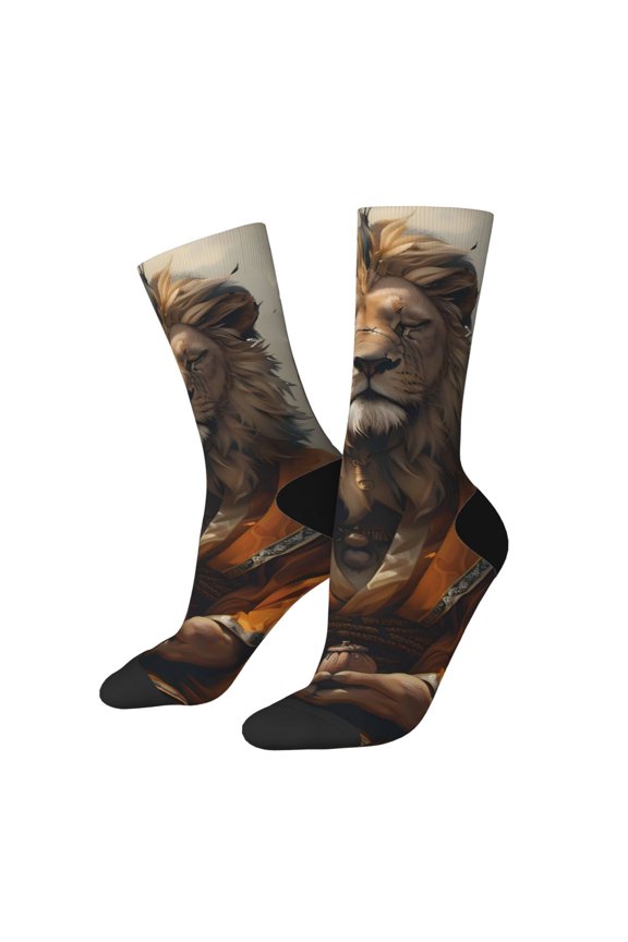 Jungle Meditating Lion Print Athletic Socks for Men & Women – Cushioned Moisture-Wicking Crew Socks for Sports, Running, and Training, Soft & Breathable Size 5-11