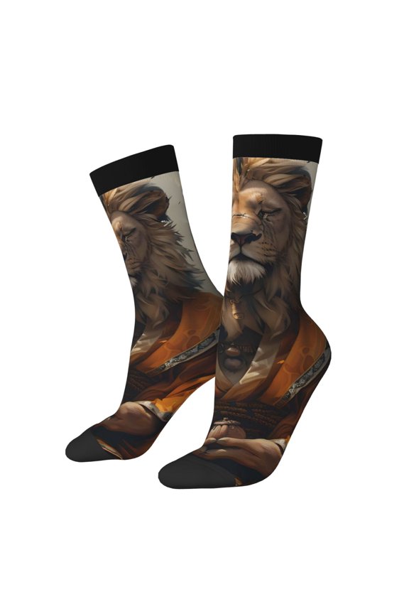 Jungle Meditating Lion Print Athletic Socks for Men & Women – Cushioned Moisture-Wicking Crew Socks for Sports, Running, and Training, Soft & Breathable Size 5-11