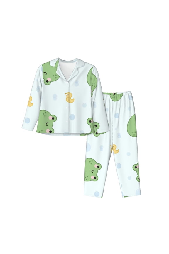 Kawaii Frogs Pattern Women’s Long-Sleeve Sleepwear Set - Soft 2-Piece Loungewear with Pockets, Comfy PJs for Relaxing Nights-Large