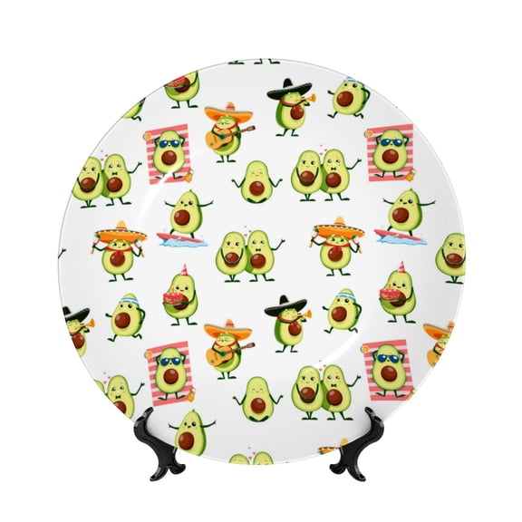 Picia Kawaii Mexican Avocado Pattern Bone China Decorative Plate – Wall Decor with Stand and Adhesive, Elegant Ornament for Living Room, Office, or Entryway-8in