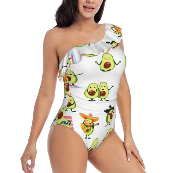 Picia Kawaii Mexican Avocado Pattern Women's One Piece Swimsuits,One Shoulder Swimwear Asymmetric ,Ruffle Monokinis Bathing Suits,High Waisted Flattering Bathing Suits-Large