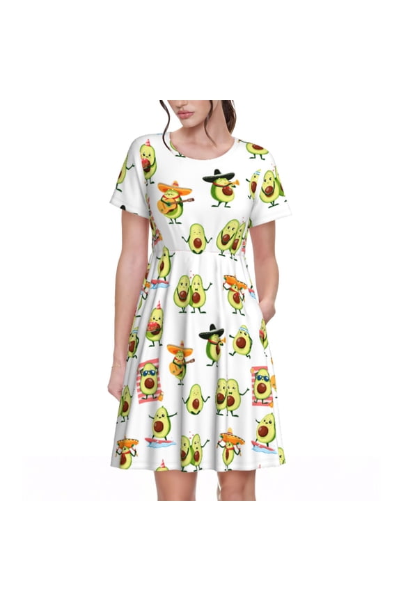 Kawaii Mexican Avocado Pattern Women's Short Sleeve Summer Dress Pleated Loose Swing Knee Length Short Sleeve Swing Dresses