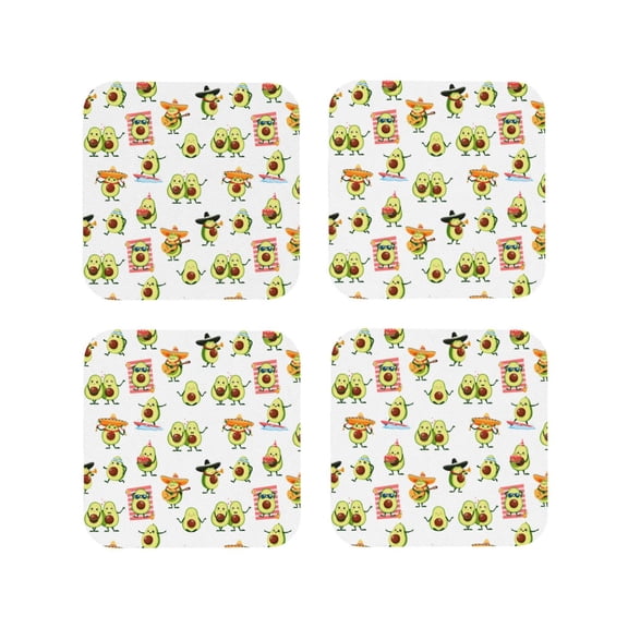 Picia Kawaii Mexican Avocado Printed Leather Coasters for Drinks, 4" Drink Coasters Set of 4 for Tabletop Protection, Handmade Luxurious Home Décor and Housewarming Gift -Square