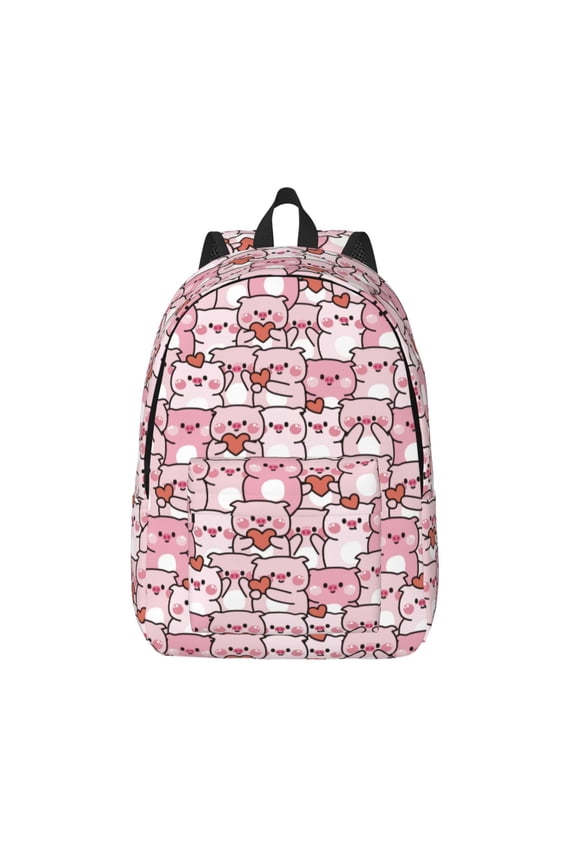 Kawaii Pig Printed Canvas Daypack - Stylish and Durable Vintage Compact Backpack - Class, Work, Travel, or Laptop Bookbag,Organized Compartments-Small