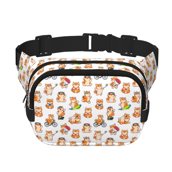 Picia Kawaii Shiba Dog Print Square Double-Layer Waist Bag Mini Adjustable Waist Belt Bag Exercise Running Travel Hiking